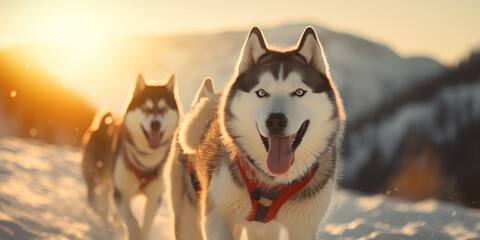 Husky dogs in a sled are driving a sleigh along a snow-covered trail against the backdrop of a snowy mountain landscape. Sunlight in the golden hour gives beautiful warm shades and soft shadows. - obrazy, fototapety, plakaty