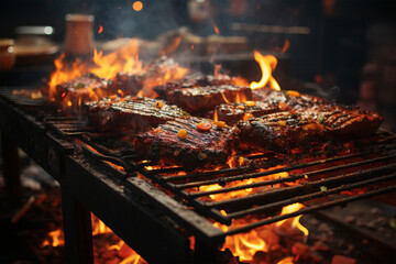 Leckeres brennendes Fleisch auf dem Grill in Feuer (Durch AI generiert)