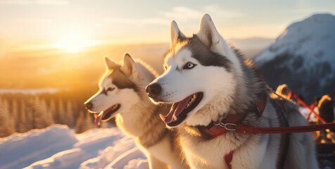 Husky dogs in a sled are driving a sleigh along a snow-covered trail against the backdrop of a snowy mountain landscape. Sunlight in the golden hour gives beautiful warm shades and soft shadows.