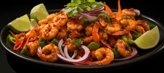 Spicy thai seafood salad on black plate, top view, isolated pastel background, copy space