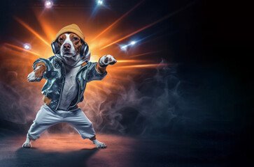 Naklejka premium A beagle dog in hip-hop style clothes dances on a bright stage with smoke. Spotlights illuminating the stage convey the energy of the performance. A talented pet.