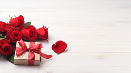 Valentine day greeting card with red rose flowers and craft gift box on white wood with copyspace for text