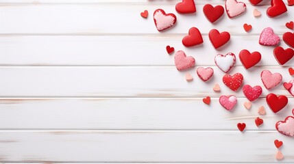 Valentine`s Day concept. Top view photo of heart shaped cookies and candies on white wooden table background with copyspace
