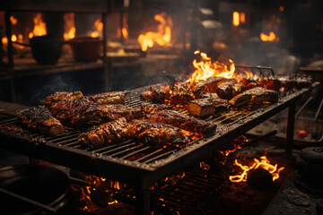 Leckeres brennendes Fleisch auf dem Grill in Feuer (Durch AI generiert)