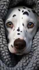 A Dalmatian's face framed by a knitted blanket, capturing a gaze filled with depth and soul.