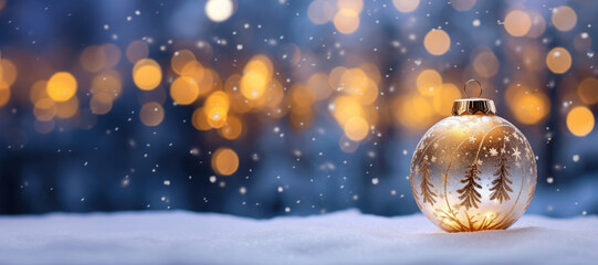 Fototapeta na wymiar Christmas bauble in snow with bokeh background