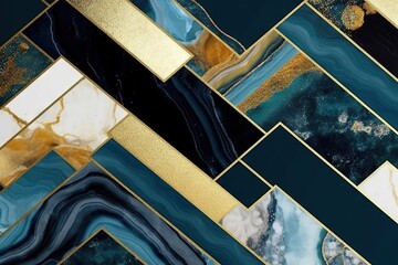 Abstract art deco background, minimalist geometric pattern, modern mosaic inlay, texture of bright multicolored marble agate and gold, stone, marbled tile, minimal. Generative AI, AI