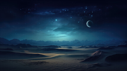 Fototapeta na wymiar Fantasy desert landscape with mountains, moon and stars.
