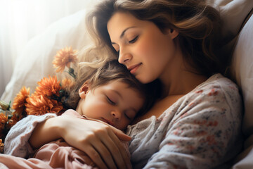 Mutter schläft zusammen im Bett mit ihrem Baby (Durch AI generiert) - obrazy, fototapety, plakaty