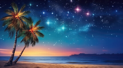 Obraz premium Tropical beach with palm trees and starry sky at sunset and starry sky