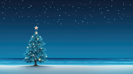 Illustration of Christmas tree on the beach with starry sky.