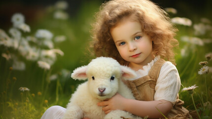 a child on the grass with a little lamb.Generative AI