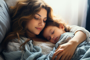 Mutter schläft zusammen im Bett mit ihrem Baby (Durch AI generiert) - obrazy, fototapety, plakaty