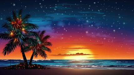 Fototapeta na wymiar Illustration of a beautiful sunset with palm trees and starry sky
