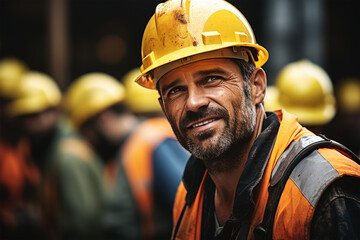 Bauarbeiter Handwerker mit gelbem Helm und Warnweste (Durch AI generiert) - obrazy, fototapety, plakaty