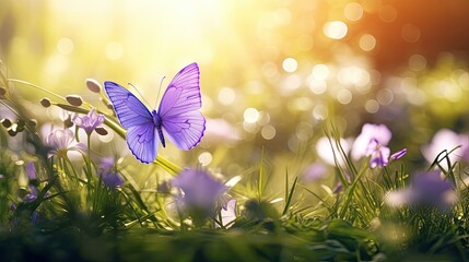 Beautiful magical image in violet tones of flowering wild plants and a fragile butterfly crouched to rest on a flower in nature