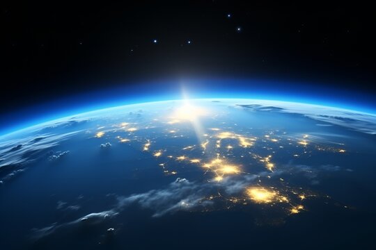 Panoramic view of glowing earth globe from space with city lights and light white clouds