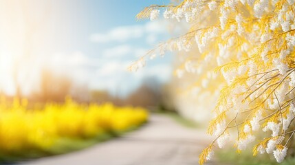 Branches of a flowering tree in nature Park and rural road against blue sky with white clouds and bright sunlight. - obrazy, fototapety, plakaty