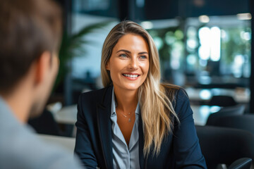 Portrait of successful female business consultant broker adviser meeting with her clients in a modern office setting