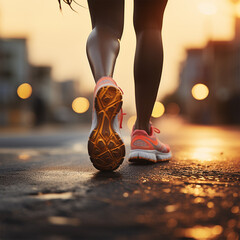 Frauenbeine mit weißen Laufschuhen am Joggen auf Straße Weg Natur (Durch AI generiert) - obrazy, fototapety, plakaty