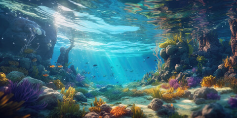 Fototapeta na wymiar Virtual background of an underwater fantasy. Coral and sunrays through the ocean water. Great for aquatic background portrait photography.