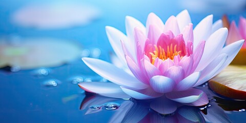 Beautiful waterlily flower close-up in the water on a blurred blue natural background