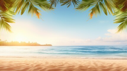 Fototapeta na wymiar Beautiful wide panorama of a paradise beach with golden sand and palm leaves in blur. Summer banner