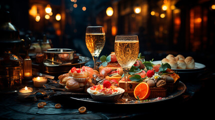 Elegant Culinary Celebration: Glitzy New Year's Eve Menu Presentation. Generative AI.