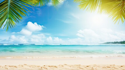 Beautiful wide panorama of a paradise beach with golden sand and palm leaves in blur. Summer banne
