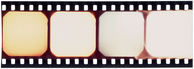Vintage 35mm old film negative strip with four horizontal frames, sprocket holes, light leaks, dust, scratches, grain.