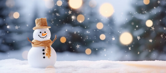 Snowman in hat and scarf on snow with bokeh background