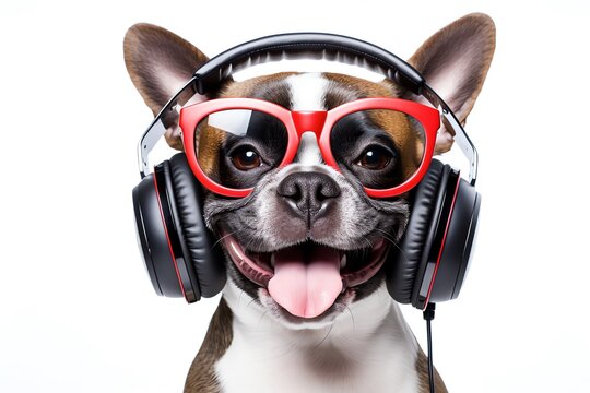 a dog wearing headphones and sunglasses