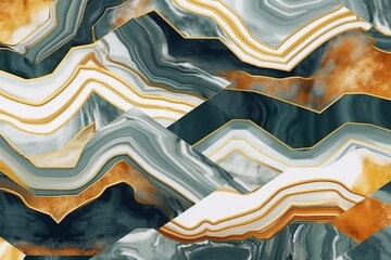 Abstract art deco background, minimalist geometric pattern, modern mosaic inlay, texture of bright multicolored marble agate and gold, stone, marbled tile, minimal. Generative AI, AI - obrazy, fototapety, plakaty
