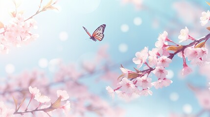 Branches blossoming cherry on the background blue sky, fluttering butterflies in spring on nature...