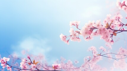 Branches blossoming cherry on the background blue sky, fluttering butterflies in spring on nature outdoors. Pink sakura flowers, amazing colorful dreamy romantic artistic image spring nature