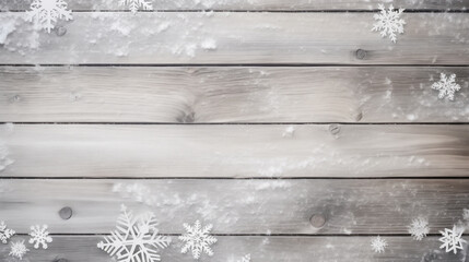 Christmas background with snowflakes on wooden planks. Copy space.