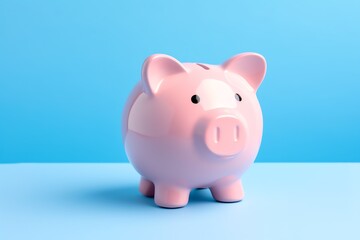 a pink piggy bank on a blue surface