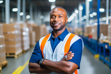 Portrait of an African American factory worker standing in the production line with arms proudly crossed, dressed in work clothes