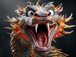 Painted head of a Chinese dragon on a dark background. The Symbol Of The New Year 2024.