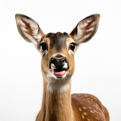A cute little fawn with an open mouth and a surprised look looks at the camera. Generated by AI.