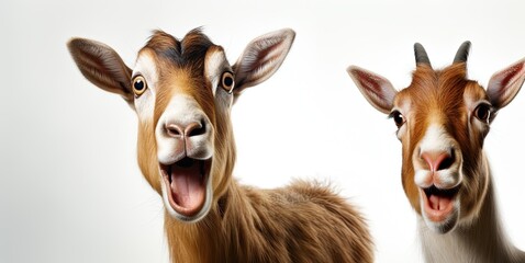 The head of two young goats with an open mouth and a surprised look. highlighted on a white background. Generated by AI. - obrazy, fototapety, plakaty