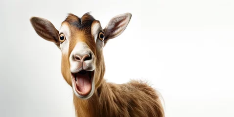 Fotobehang The head of a young goat with an open mouth and a surprised look. highlighted on a white background. Generated by AI. © index74