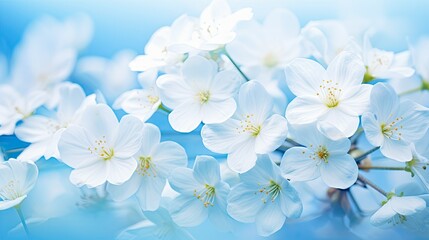 Fototapeta na wymiar Delicate blue airy spring background with cherry blossoms macro on sky background in nature outdoors