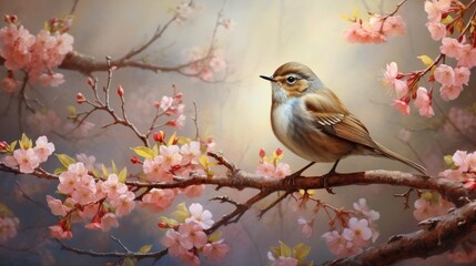 Fototapeta premium Delightfully beautiful nightingale bird on a flowering tree in spring