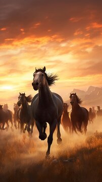 Herd wild horses galloping freely animal breeds illustration picture AI generated art