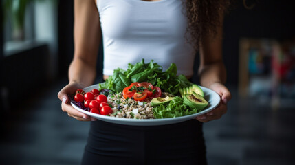 woman after workout with a plate of healthy salad. healthy life concept.Generative AI - obrazy, fototapety, plakaty