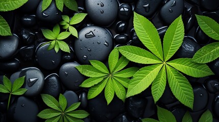 a group of black stones with green leaves - Powered by Adobe