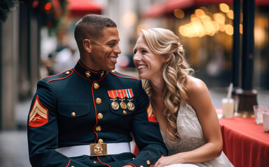 Outdoors wedding photo of a US Marine in uniform and a beautiful young bride in white dress - obrazy, fototapety, plakaty