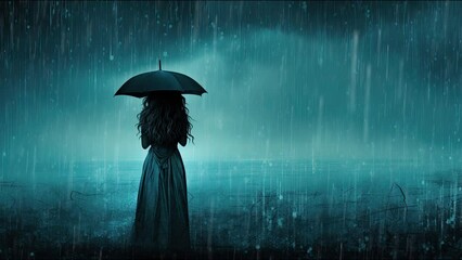 Seamless loop animation. People, astronomer. Standing Rainy Night City Holding Umbrella. Photorealistic silhouette. Tokyo high tech city lights --c 50. Created using Generative AI Technology