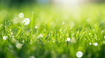 Juicy lush green grass on meadow with drops of water dew in morning light in spring summer outdoors close-up macro, panorama. Beautiful artistic image of purity and freshness of nature, copy space